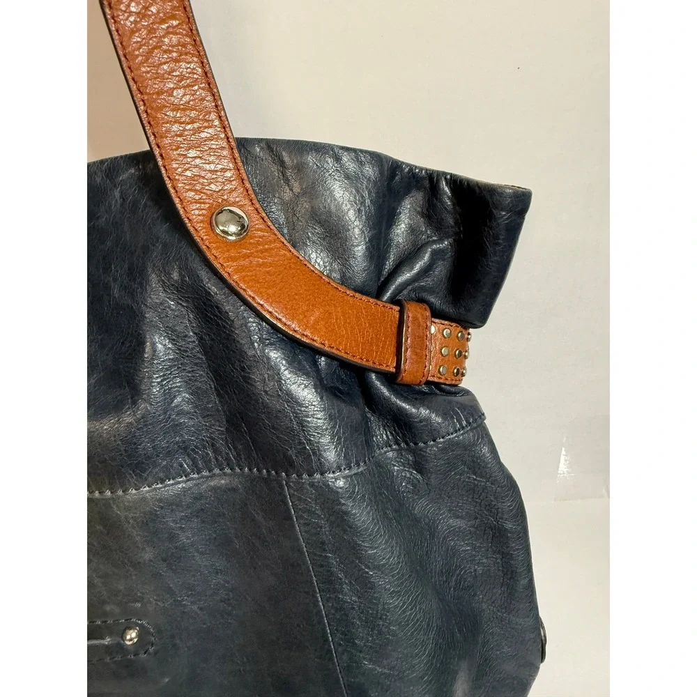 Boho Indie Grunge Navy Blue Leather Studded Hobo Shoulder Bag Large Oversized - Picture 11 of 16